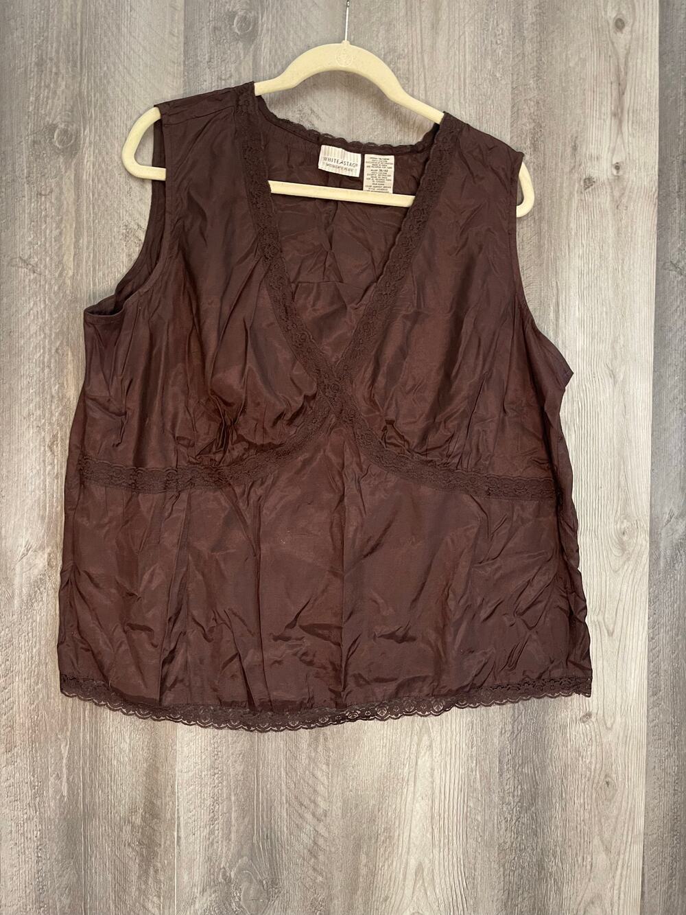 White Stag Womens Plus 18/20W Brown Viscose Lace Trim Sleeveless Blouse Y2K